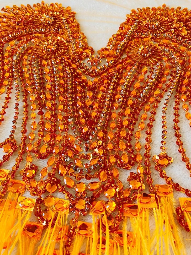 Zbroh Beautiful Ostrich fur decoration large full bodice applique pure handsewing rhinestones beads lace trim patches - Image 4